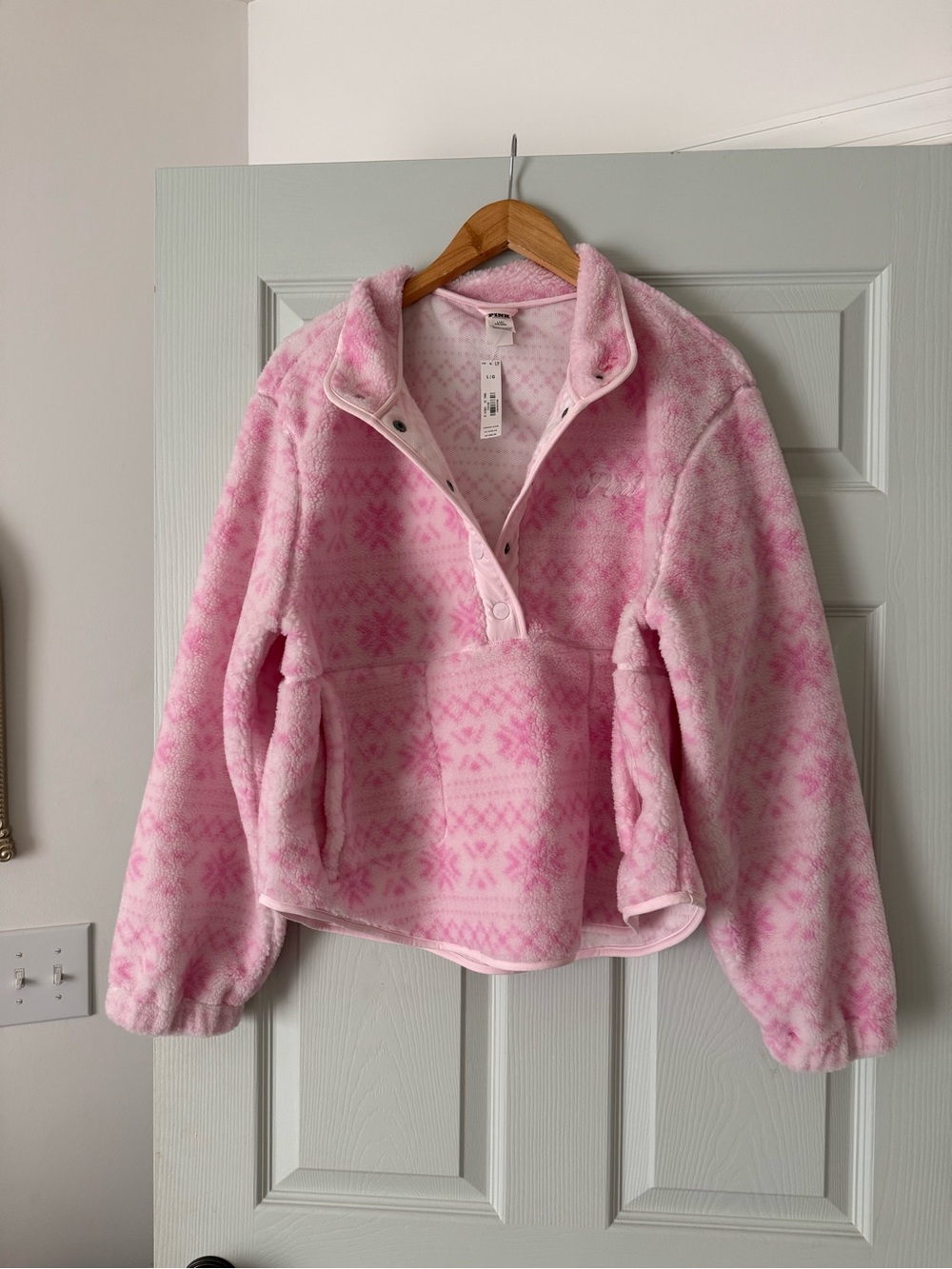 PINK Victoria's Secret Light Pink Fleece Pullover with Snowflake Print